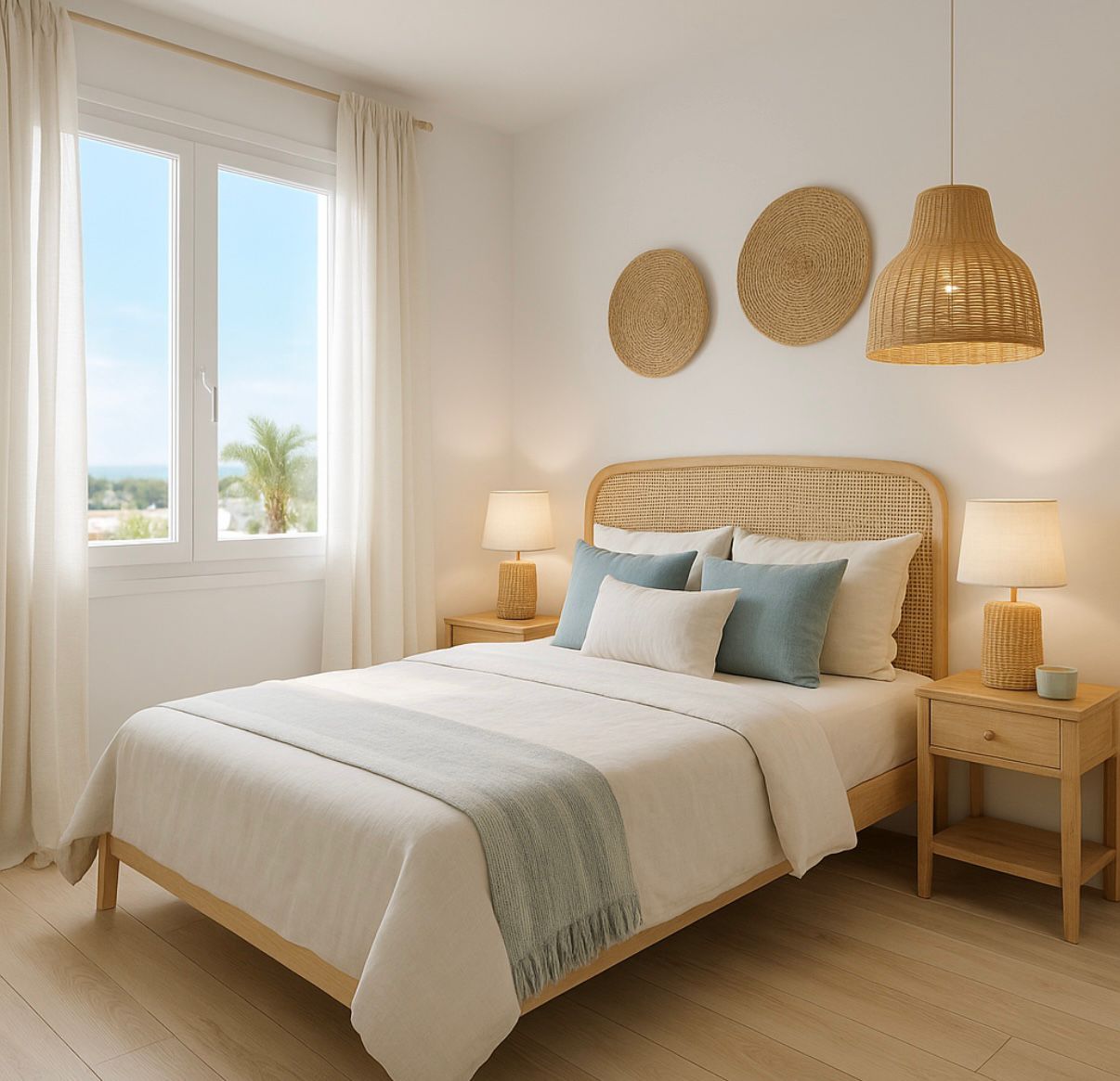 Helles Schlafzimmer mit Holzbett, Rattan-Kopfteil, passenden Nachttischen und Lampen. Ein großes Fenster bietet Blick auf Palmen und Meer, ergänzt durch den hellen Holzfußboden und Küstendekoration.