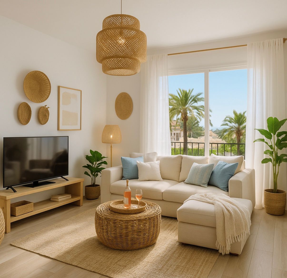 Helles Wohnzimmer mit hellem Sofa, Rattantisch und Palmenblick vom Balkon. Natürliche Faserlampen und Wanddeko unterstreichen das Küstenambiente.