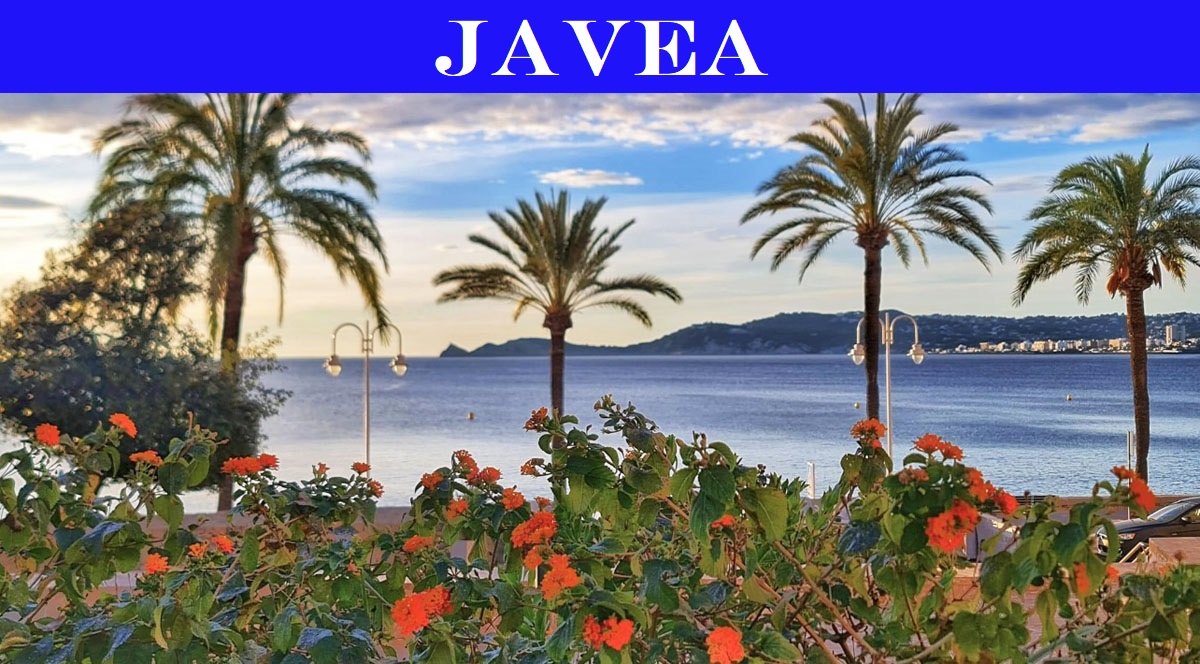 Küstenblick auf Jávea mit orange blühenden Sträuchern im Vordergrund, schlanken Palmen und dem ruhigen Mittelmeer, unter einem heiteren Himmel.