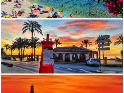 Collage, die Jáveas Essenz einfängt: belebter Strand mit türkisfarbenem Wasser, Promenade bei Sonnenuntergang mit Palmen und rotem Infostand, Leuchtturm als Silhouette vor orangem Himmel.