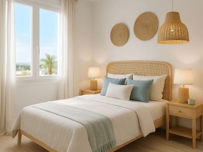 Helles Schlafzimmer mit Holzbett, Rattan-Kopfteil, passenden Nachttischen und Lampen. Ein großes Fenster bietet Blick auf Palmen und Meer, ergänzt durch den hellen Holzfußboden und Küstendekoration.