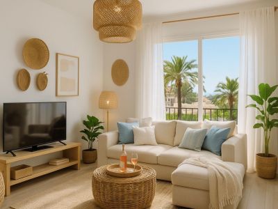 Helles Wohnzimmer mit hellem Sofa, Rattantisch und Palmenblick vom Balkon. Natürliche Faserlampen und Wanddeko unterstreichen das Küstenambiente.