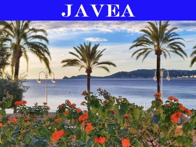 Küstenblick auf Jávea mit orange blühenden Sträuchern im Vordergrund, schlanken Palmen und dem ruhigen Mittelmeer, unter einem heiteren Himmel.