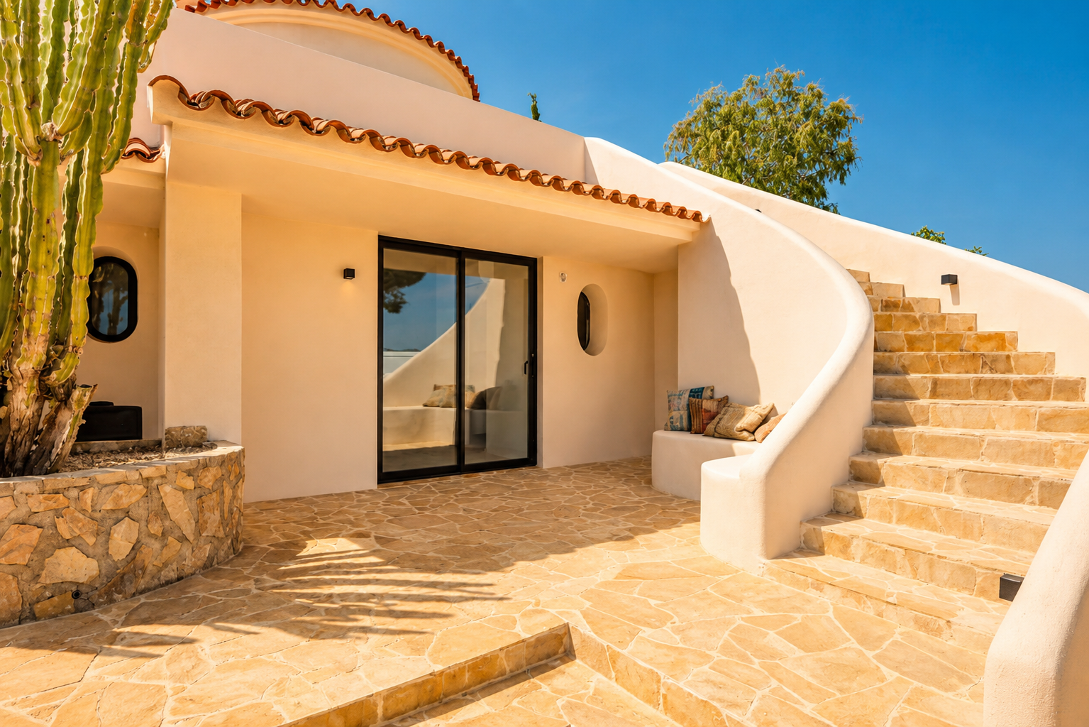 Außenpatio mit warm getöntem, unregelmäßigem Steinpflaster, einer geschwungenen Treppe und einem großen Kaktus. Mit Glasschiebetür und integrierter Sitzbank in der Stuckwand.