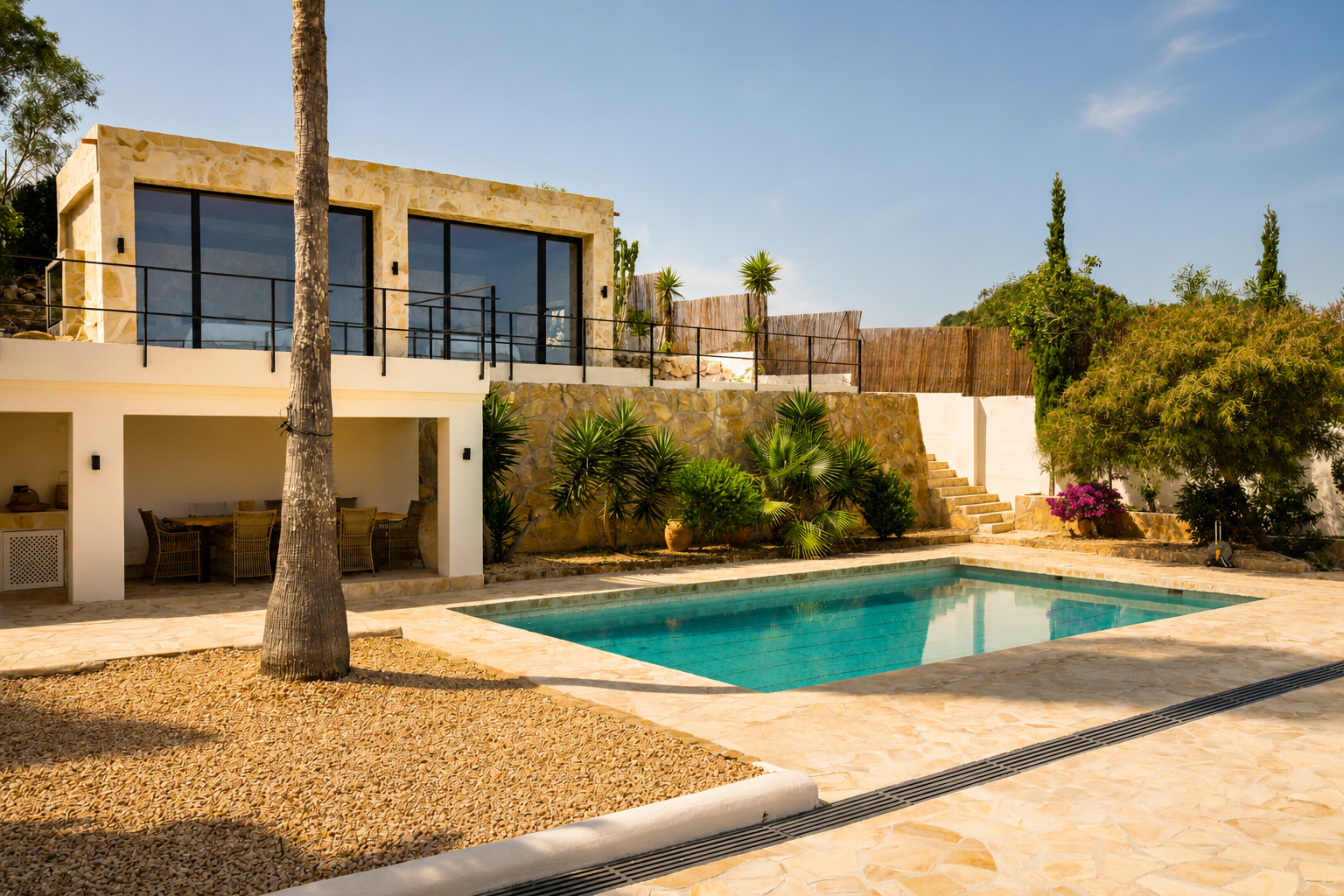 Die terrassierte Villa außen zeigt einen rechteckigen Pool mit unregelmäßigem Steinpflaster, einen überdachten Essbereich und eine Steinfassade mit großen Fenstern.