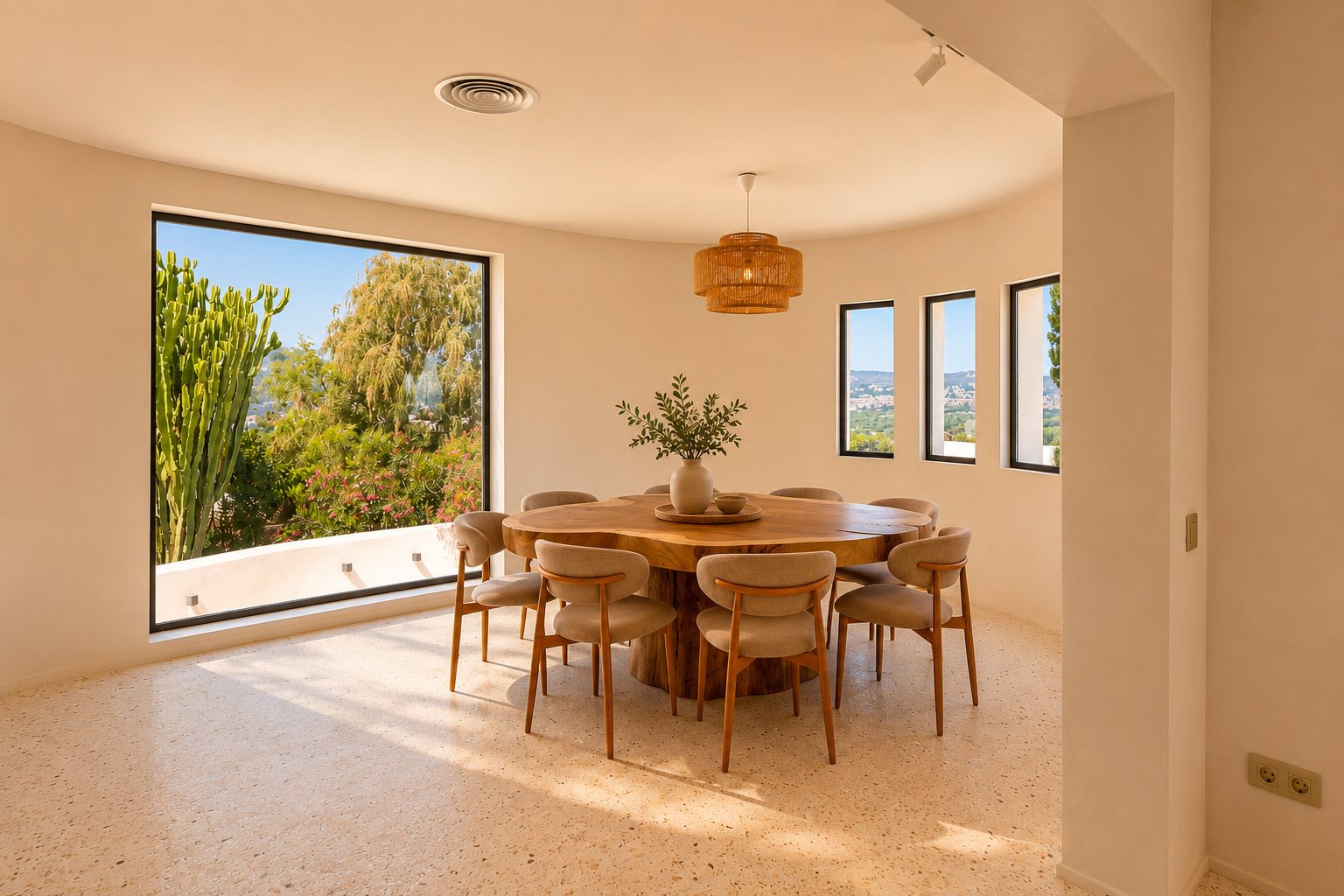 Heller Essbereich mit organischem Holztisch für acht Personen und Terrazzoboden. Große, geschwungene Fenster bieten Blick auf üppiges Grün und die ferne Landschaft.
