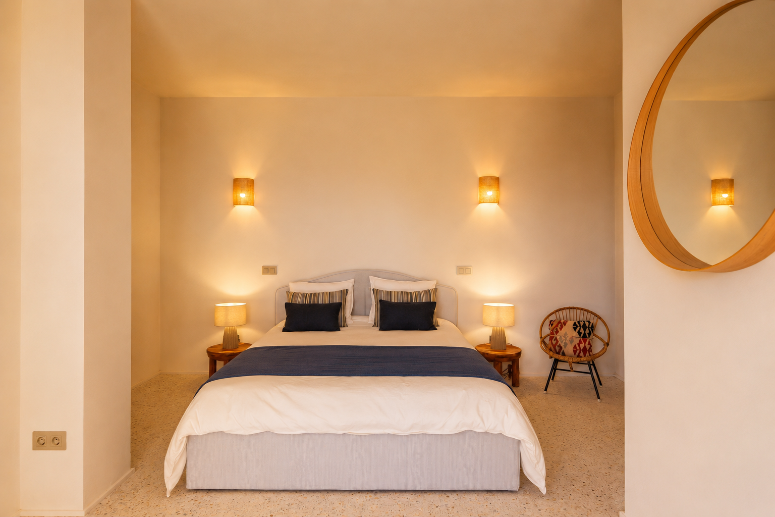 Schlafzimmer mit Doppelbett, Holznachttischen und Keramiklampen. Wandleuchten mit Raphia-Schirmen und ein runder Holzspiegel prägen den Raum. Terrazzoboden.