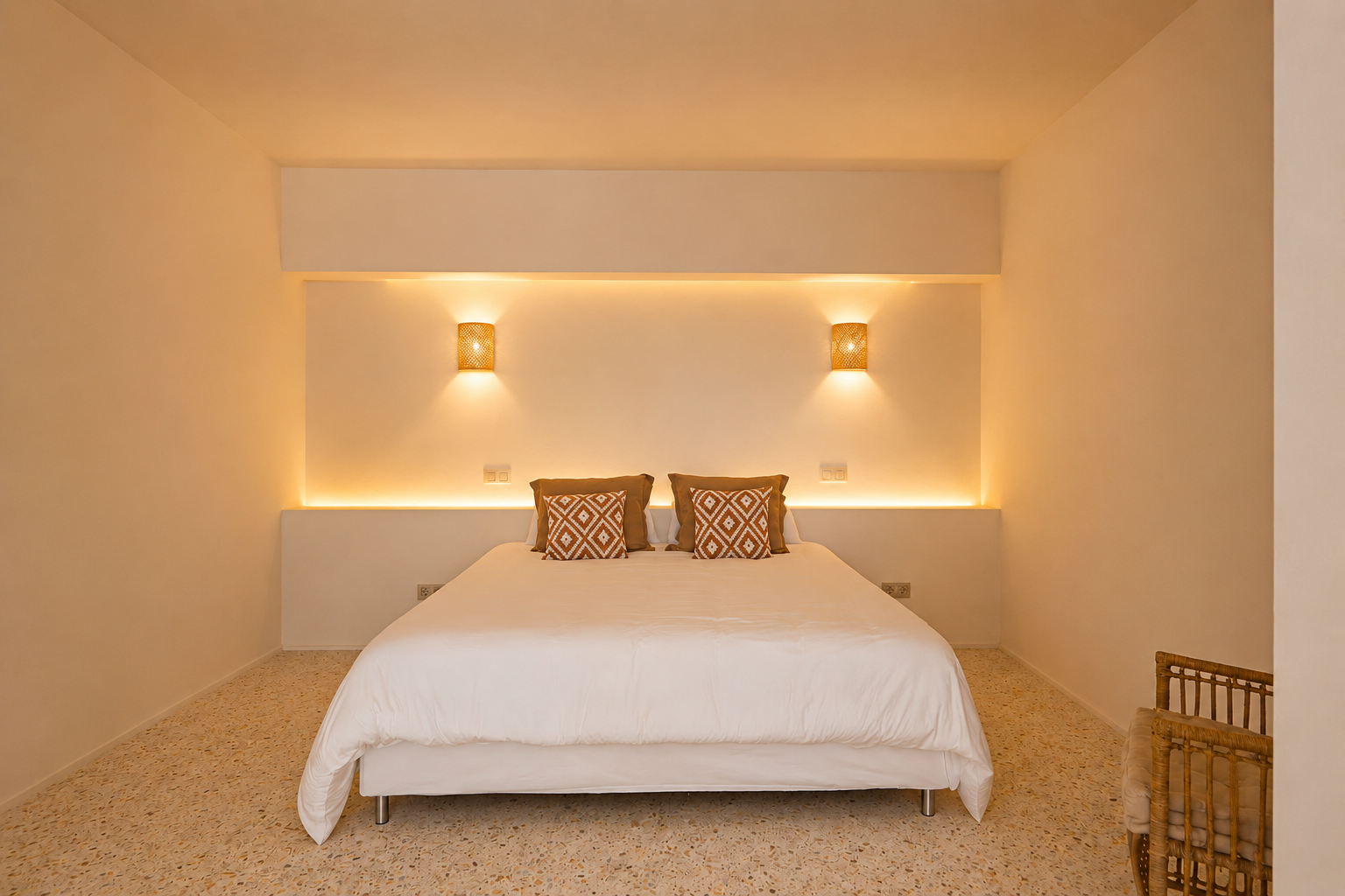 Schlafzimmer mit Doppelbett, integrierter LED-Kopfteilbeleuchtung und geflochtenen Wandleuchten. Terrazzoboden und gemusterte Kissen.