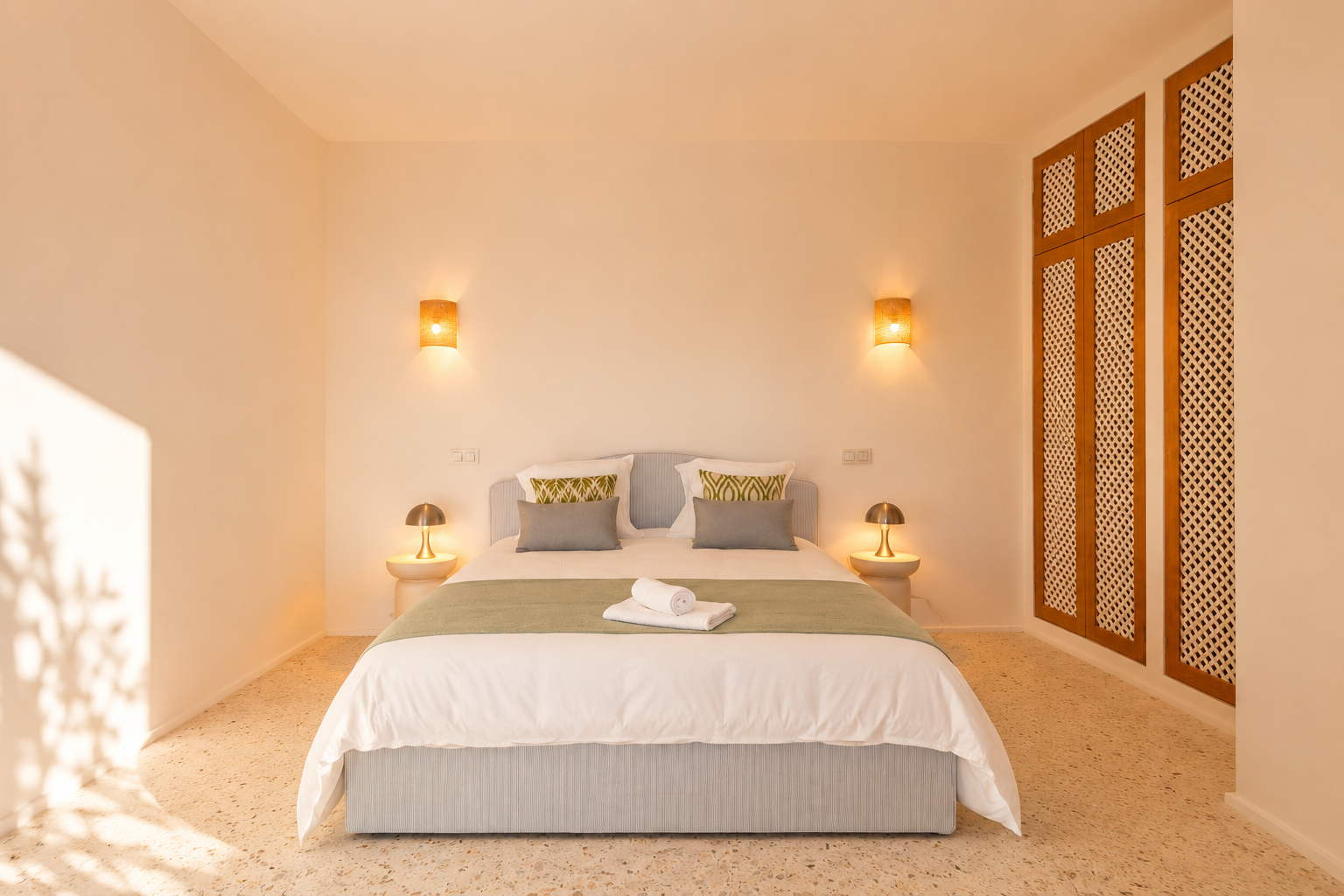 Schlafzimmer mit hellblau gepolstertem Bett, Terrazzoboden und warmer Beleuchtung durch geflochtene Wandleuchten. Rechts ein Holzschrank mit Gittertüren.