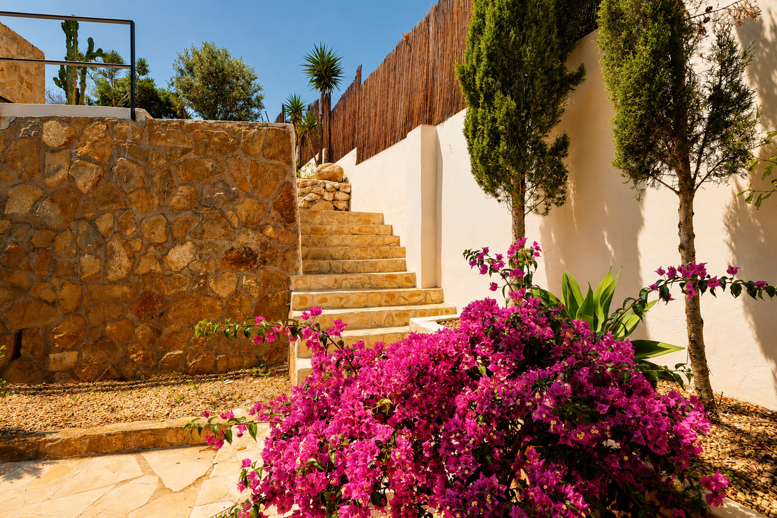 Steinstufen führen zwischen einer rustikalen Natursteinmauer und einer weißen Stuckwand empor, gesäumt von einem lebhaften Bougainvillea und schlanken Zypressen.