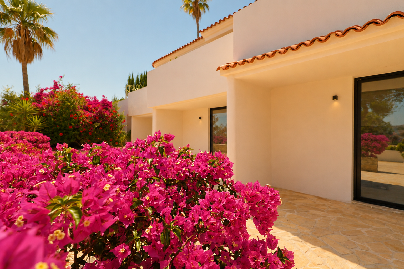 Üppige fuchsiafarbene Bougainvillea im Vordergrund, vor einer hellen mediterranen Fassade mit traditionellen Terrakottadachziegeln und einem Steinweg. Dunkel gerahmte Fenster spiegeln die sonnige Umgebung wider.