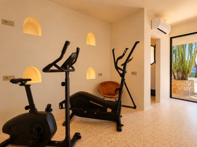 Fitnessbereich mit Heimtrainer und Crosstrainer, beleuchteten Bogennischen in der Wand und Blick auf einen Kaktusgarten und die Berge.