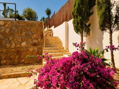 Steinstufen führen zwischen einer rustikalen Natursteinmauer und einer weißen Stuckwand empor, gesäumt von einem lebhaften Bougainvillea und schlanken Zypressen.