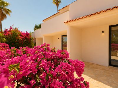 Üppige fuchsiafarbene Bougainvillea im Vordergrund, vor einer hellen mediterranen Fassade mit traditionellen Terrakottadachziegeln und einem Steinweg. Dunkel gerahmte Fenster spiegeln die sonnige Umgebung wider.