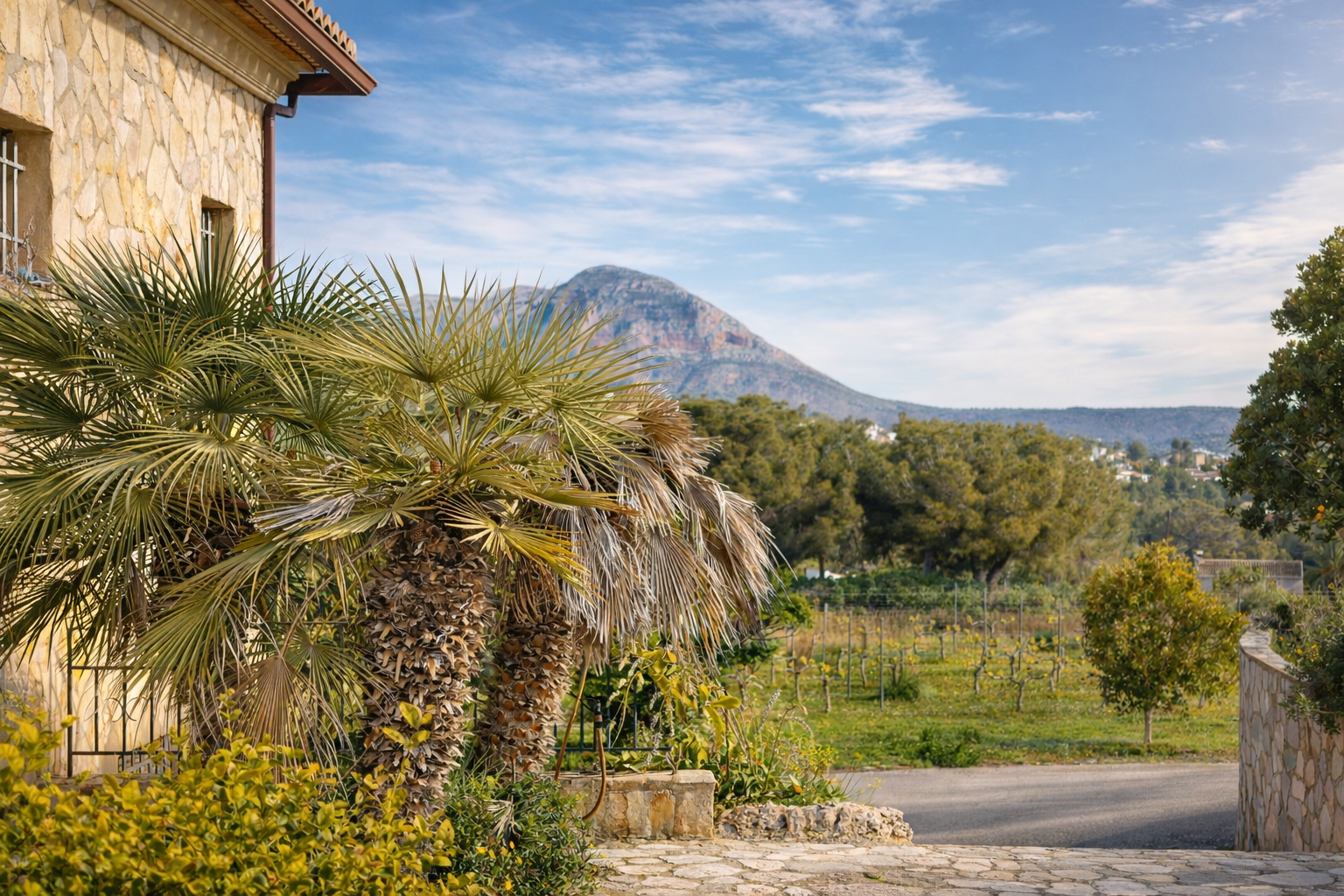 Außenansicht der Finca mit Natursteinfassade und Palmen, die den Blick auf die Weinberge des Tals und den imposanten Montgó freigibt.