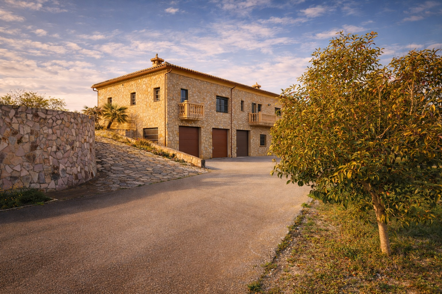 Die steinerne Außenfassade der Finca zeigt drei integrierte Garagen und elegante Balkone, zugänglich über eine gepflasterte Zufahrt und eine geschwungene Steinmauer.