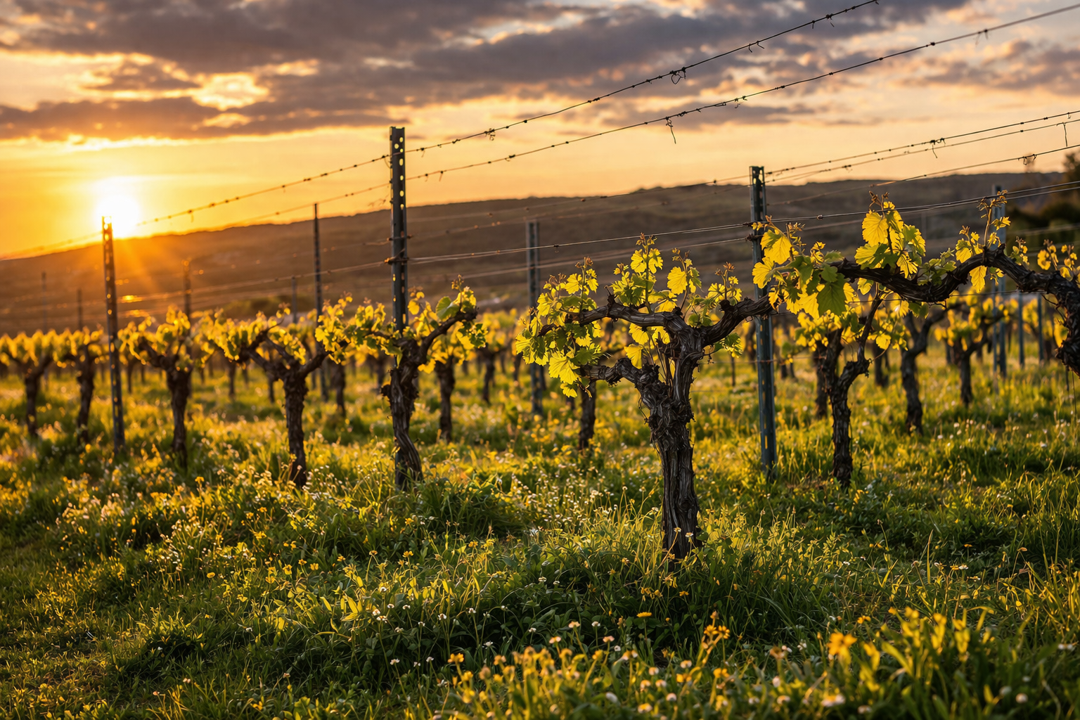 Goldenes Abendlicht taucht den Weinberg in Szene, betont die jungen Rebenblätter an den Drahtrahmen und den Teppich aus Gras mit Wildblumen. Ein warmer Sonnenuntergang leuchtet.