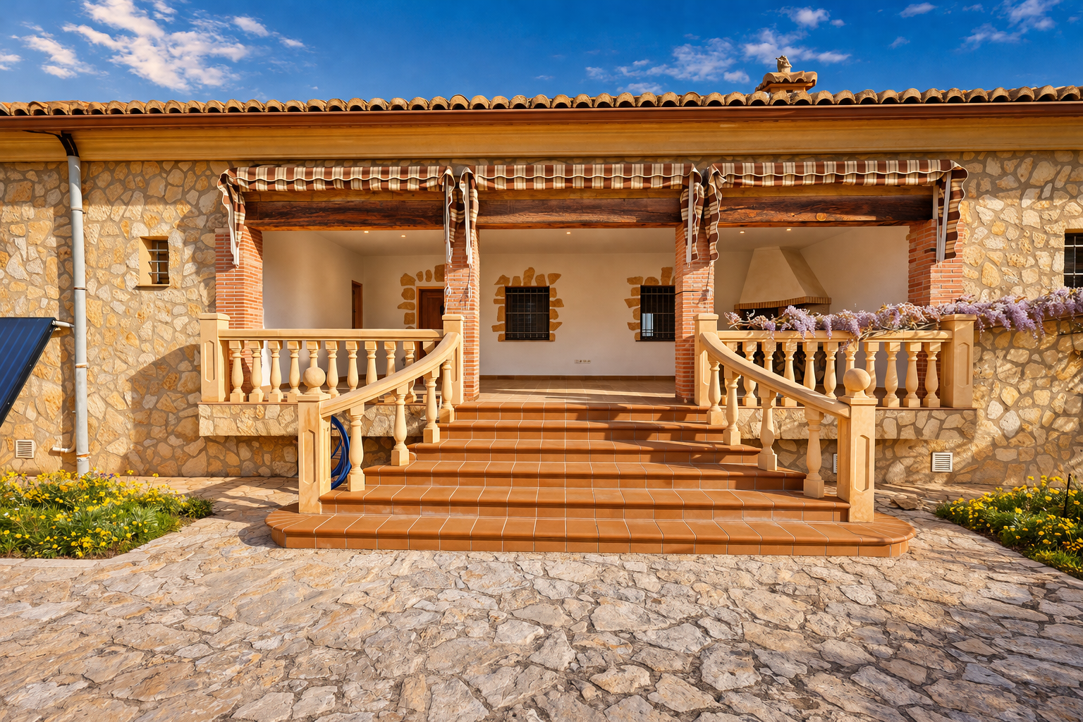 Haupteingang mit geräumiger Naya, Terrakotta-Boden, Natursteinfassade und klassischer Balustradentreppe. Ein Außenkamin, Glyzinien und ein Solarpanel sind sichtbar.
