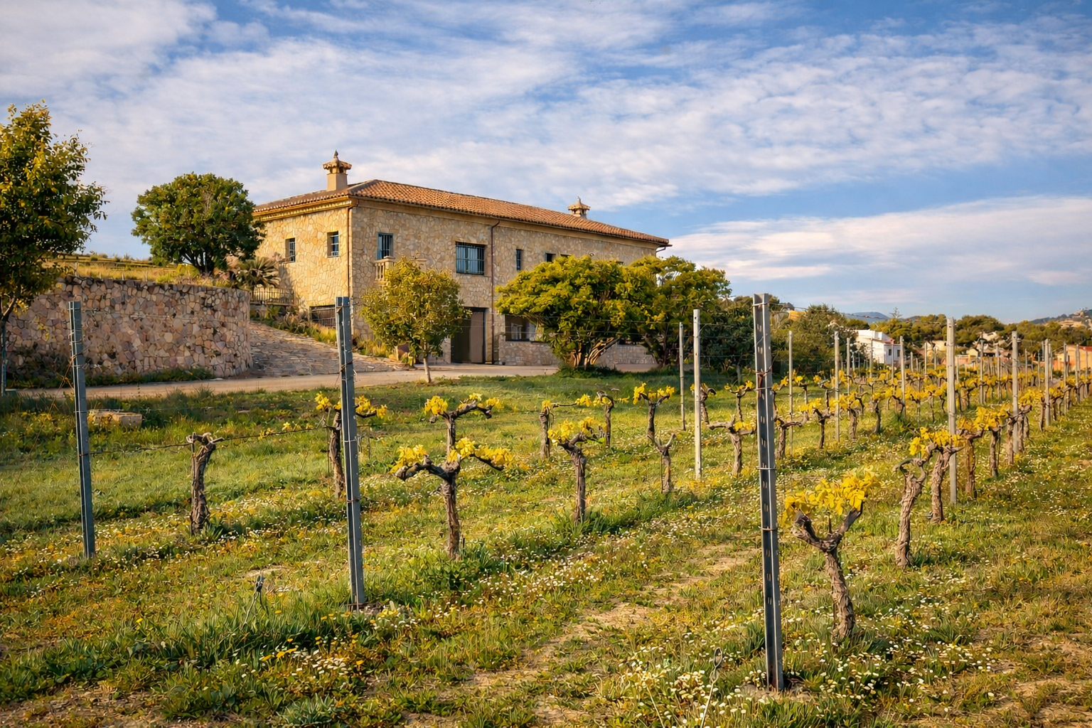 Rustikale Steinfinca mit Ziegeldach, umgeben von einem Weinberg mit jungen gelben Blättern und Wildblumen unter blauem Himmel.