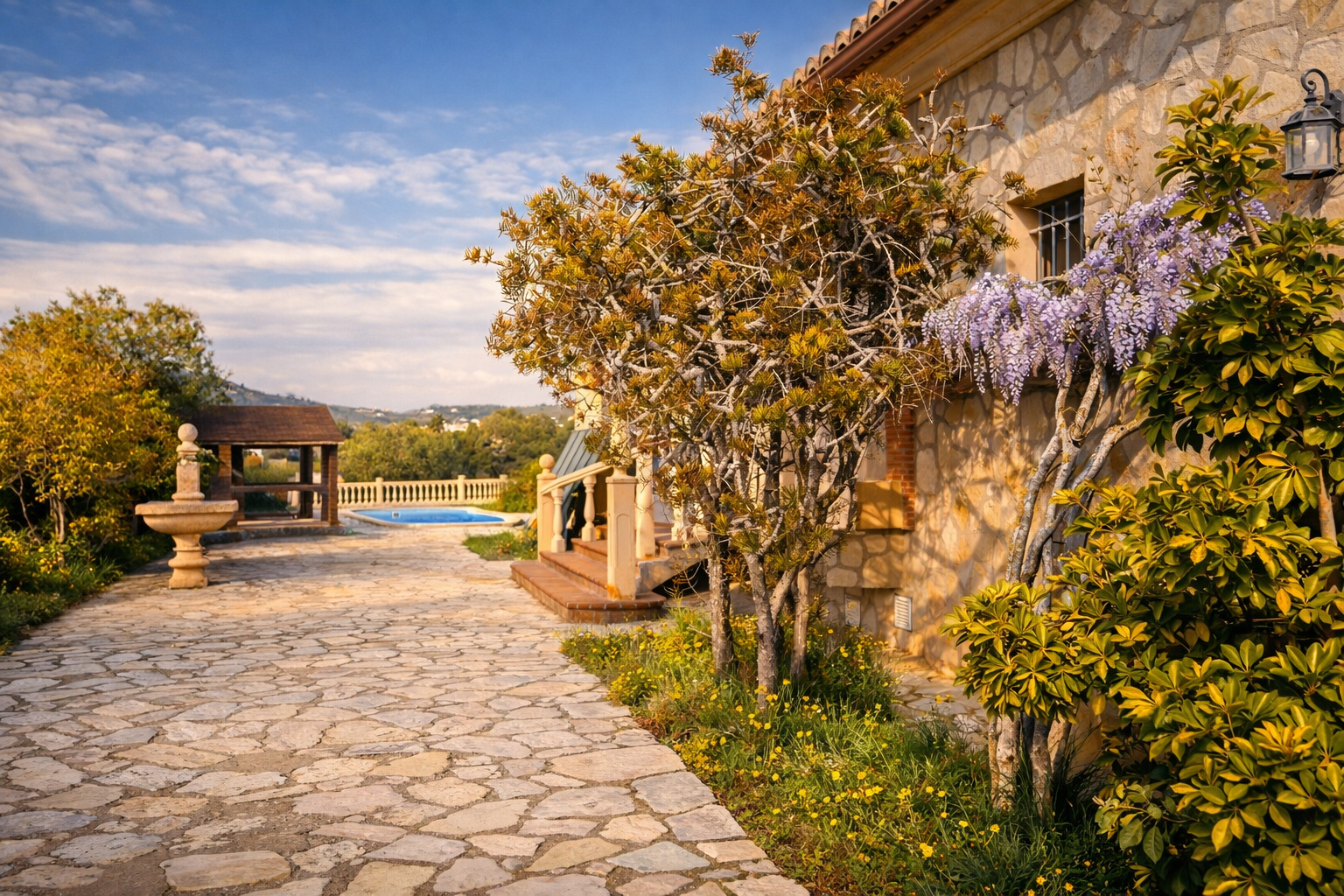 Steinfassade der Finca mit blühendem Blauregen. Ein gepflasterter Weg führt zum Poolbereich und einer Holzpergola, mit einem Steinbrunnen im Garten.