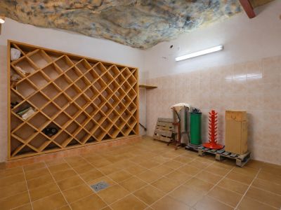 Geräumiger Weinkeller mit großem Holzregal für Flaschen, gefliesten Wänden und Keramikboden. Auffällig sind die strukturierte Höhlendecke und die funktionale Beleuchtung.