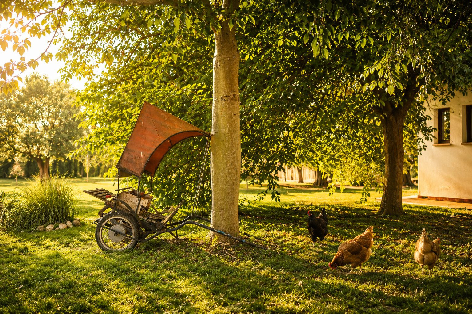 Ein rustikaler zweirädriger Karren mit orangefarbenem Verdeck steht unter einem Baum, während drei Hühner auf einem sonnenverwöhnten Rasen vor einem Gebäude grasen.
