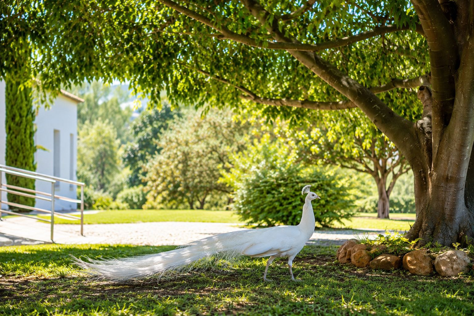 Ein weißer Pfau spaziert auf einem sonnigen Rasen unter einem großen Baum, während ein modernes weißes Gebäude mit Geländer im Hintergrund sichtbar ist.