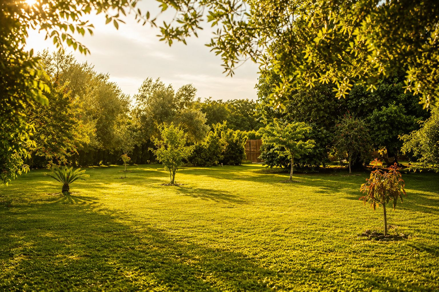 Ein weitläufiger, gepflegter Rasen im goldenen Abendlicht, umgeben von verschiedenen alten und jungen Bäumen. Lange Schatten ziehen sich über das lebendige Grün.