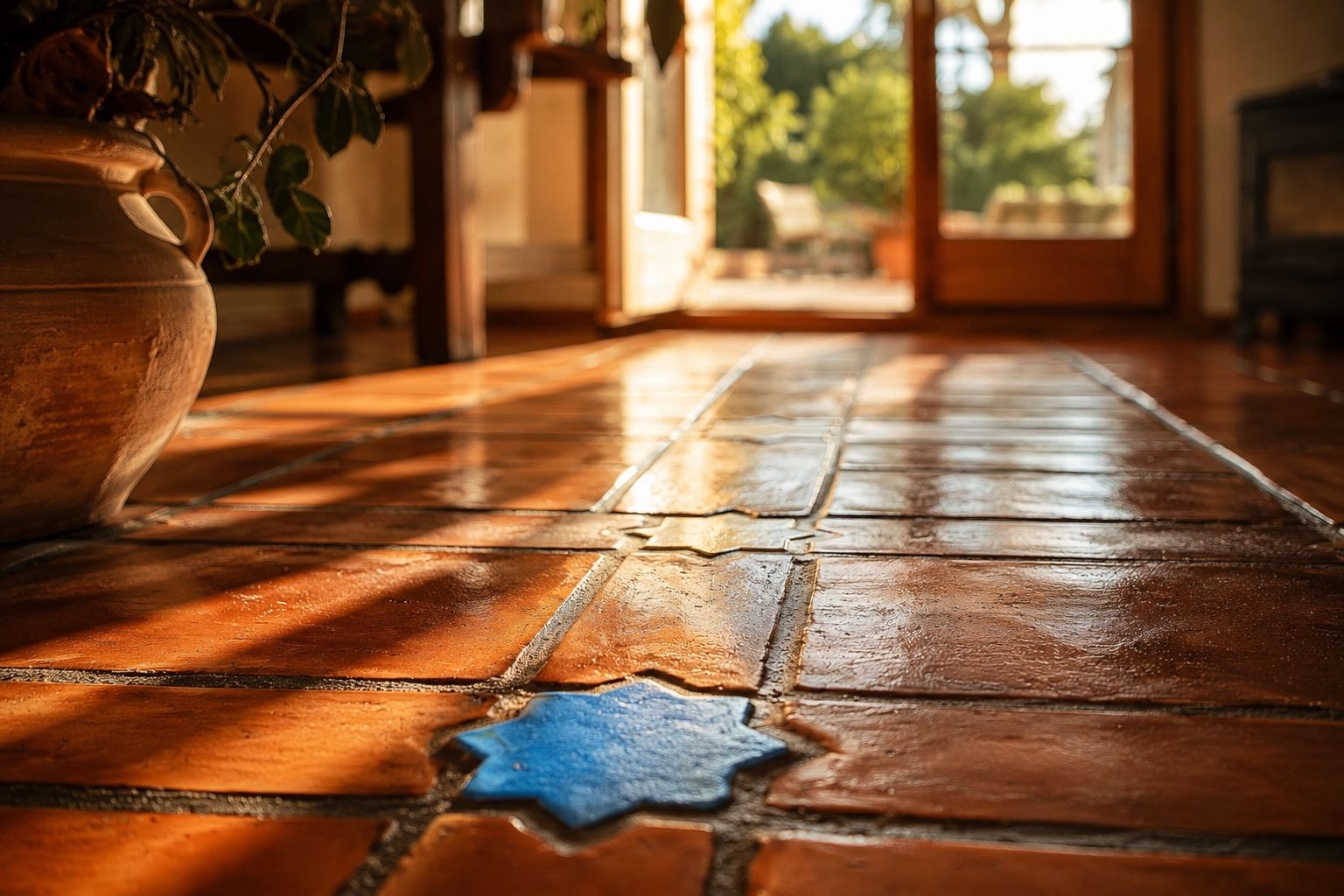 Handgefertigte Terrakottafliesen mit einem blauen Stern-Akzent, beleuchtet durch natürliches Licht vom Garteneingang.