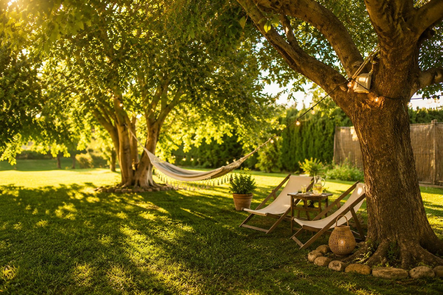 Idyllischer Gartenbereich unter alten Bäumen mit sanftem Sonnenlicht. Hängematte, Liegestühle und Beistelltisch laden zur Entspannung ein, ergänzt durch Lichterketten und rustikale Dekoration.