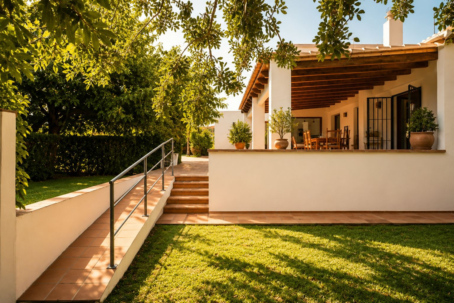 Überdachte Naya mit sichtbaren Holzbalken und Essbereich im Freien, mit Blick auf einen gepflegten Rasen und üppigen mediterranen Garten, zugänglich über Rampe und Treppen.