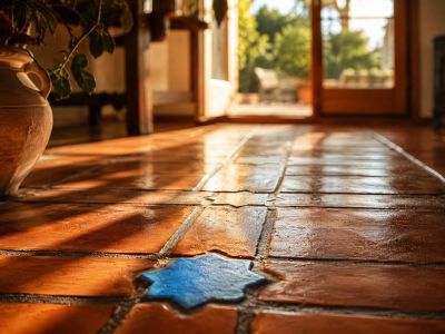 Handgefertigte Terrakottafliesen mit einem blauen Stern-Akzent, beleuchtet durch natürliches Licht vom Garteneingang.