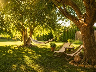 Idyllischer Gartenbereich unter alten Bäumen mit sanftem Sonnenlicht. Hängematte, Liegestühle und Beistelltisch laden zur Entspannung ein, ergänzt durch Lichterketten und rustikale Dekoration.
