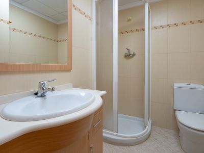 Funktionales Badezimmer mit ovalem Waschbecken auf hellem Holzunterschrank, gerahmtem Spiegel, Eckdusche und beigen Fliesen mit Zierbordüre.