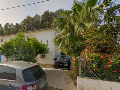 Außenansicht der Villa mit gepflasterter Zufahrt, einem fruchttragenden Orangenbaum, einer Palme und üppiger mediterraner Vegetation.
