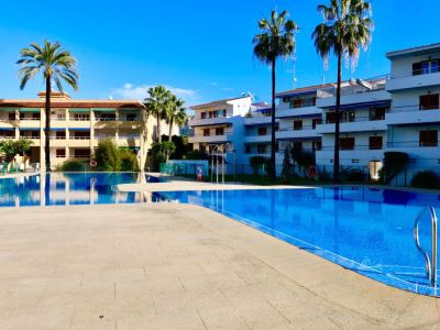 Großer Gemeinschaftspool mit blauen Mosaikfliesen, umgeben von einer hell gefliesten Terrasse und Palmen. Apartmentgebäude mit Balkonen und blauen Markisen unter klarem Himmel im Hintergrund.