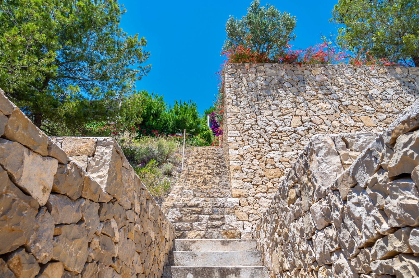 Außensteintreppe, umgeben von Trockenmauern aus Naturstein, die sich zwischen üppiger mediterraner Vegetation unter einem strahlend blauen Himmel emporwindet. Außensteintreppe, umgeben von Trockenmauern aus Naturstein, die sich zwischen üppiger mediterraner Vegetation unter einem strahlend blauen Himmel emporwindet.