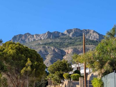 Blick auf die majestätische Sierra de Bernia, mit ihren felsigen Gipfeln und grünen Hängen, umrahmt von der üppigen mediterranen Vegetation des Anwesens.