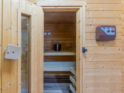 Eingang zur Sauna mit heller Holzverkleidung, Blick auf die Innenbänke, einen Eimer mit Kelle und das externe Bedienfeld.