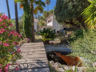 Rustikaler Holzsteg über einem ruhigen Gartenteich, umrahmt von leuchtend rosa Oleander und hohen Palmen, die zur Villa unter mediterraner Sonne führen.