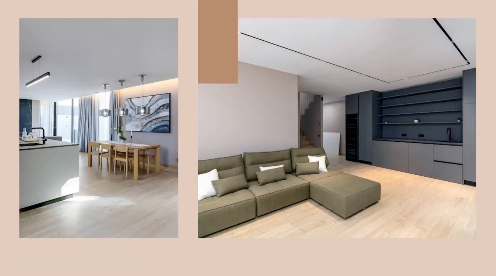 Offener Wohnbereich mit moderner Kücheninsel, Esstisch aus Holz und olivgrünem Ecksofa. Dunkelgraue Einbaumöbel und elegante Beleuchtung prägen das Design.