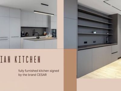 Moderne CESAR-Designerküche, mit hellgrauer Kücheninsel und integrierter Spüle, ergänzt durch eine dunkelgraue Wandzeile mit offenen Regalen und hochwertigen Geräten.
