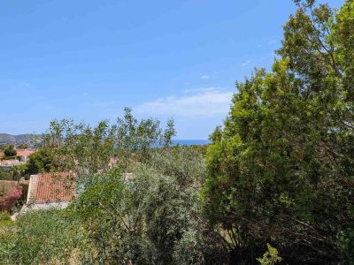 Panoramablick vom Grundstück, mit üppiger mediterraner Vegetation im Vordergrund, Wohnhausdächern und dem Mittelmeer am Horizont unter klarem blauem Himmel.