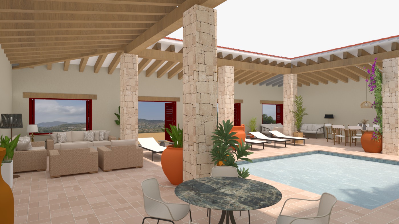 Überdachte Terrasse mit Pool