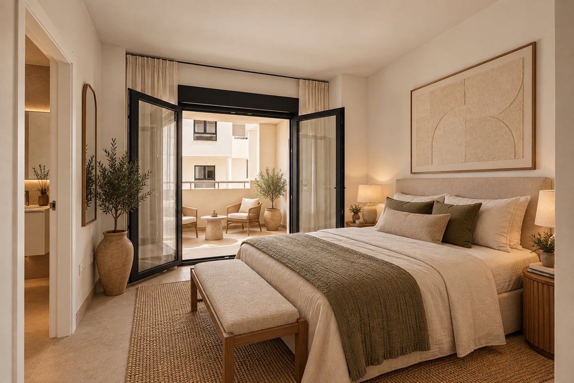 Schlafzimmer mit Zugang zur Terrasse