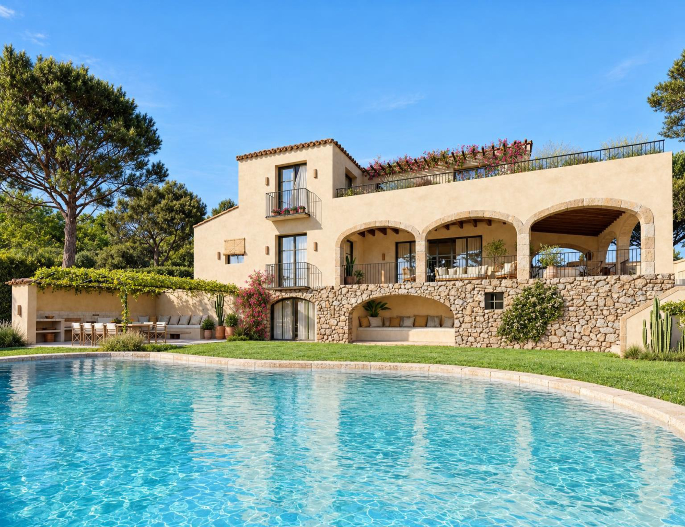 Außenbereich mit Pool und Garten