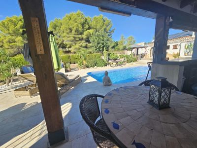 Überdachte Terrasse und Pool