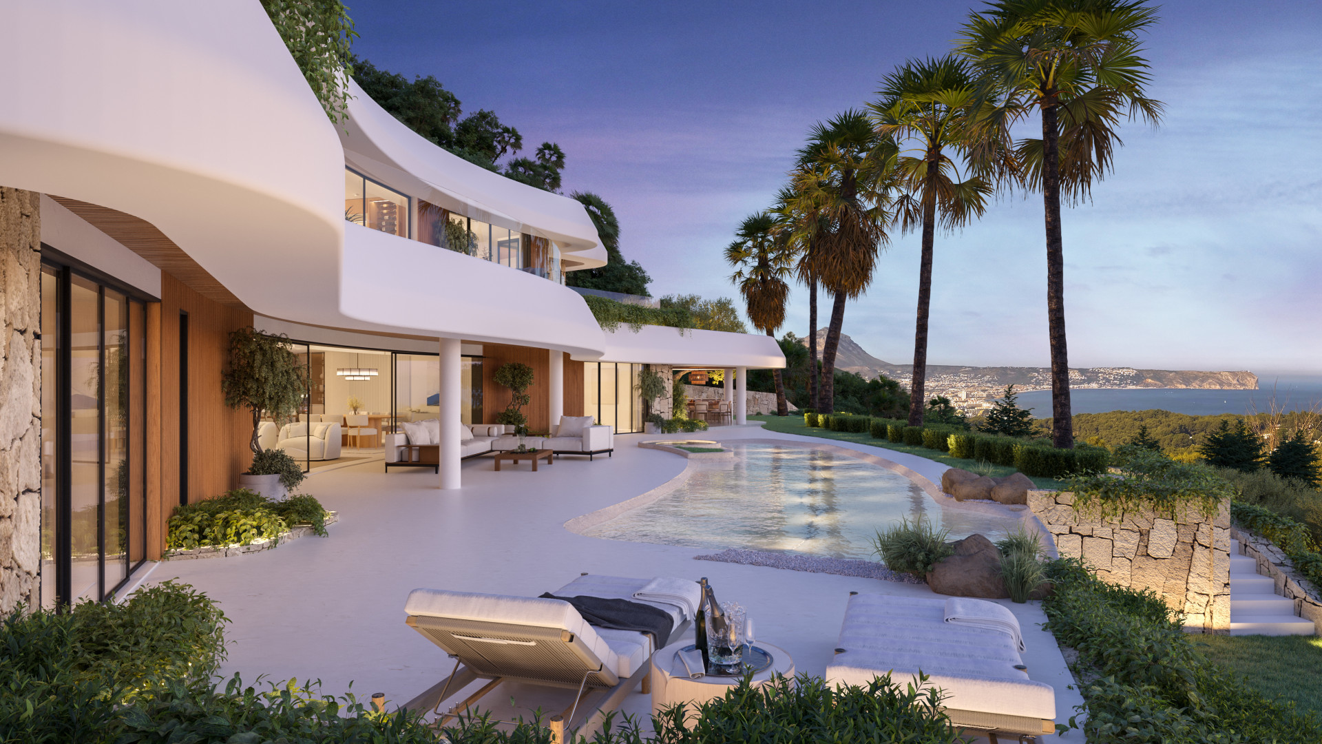 Terrasse und Pool mit Meerblick