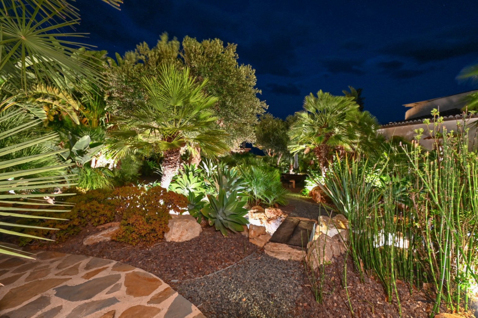 Beleuchteter mediterraner Garten bei Nacht mit Palmen, Agaven und einem Kiesweg mit kleiner Holzbrücke zwischen dekorativen Steinen.