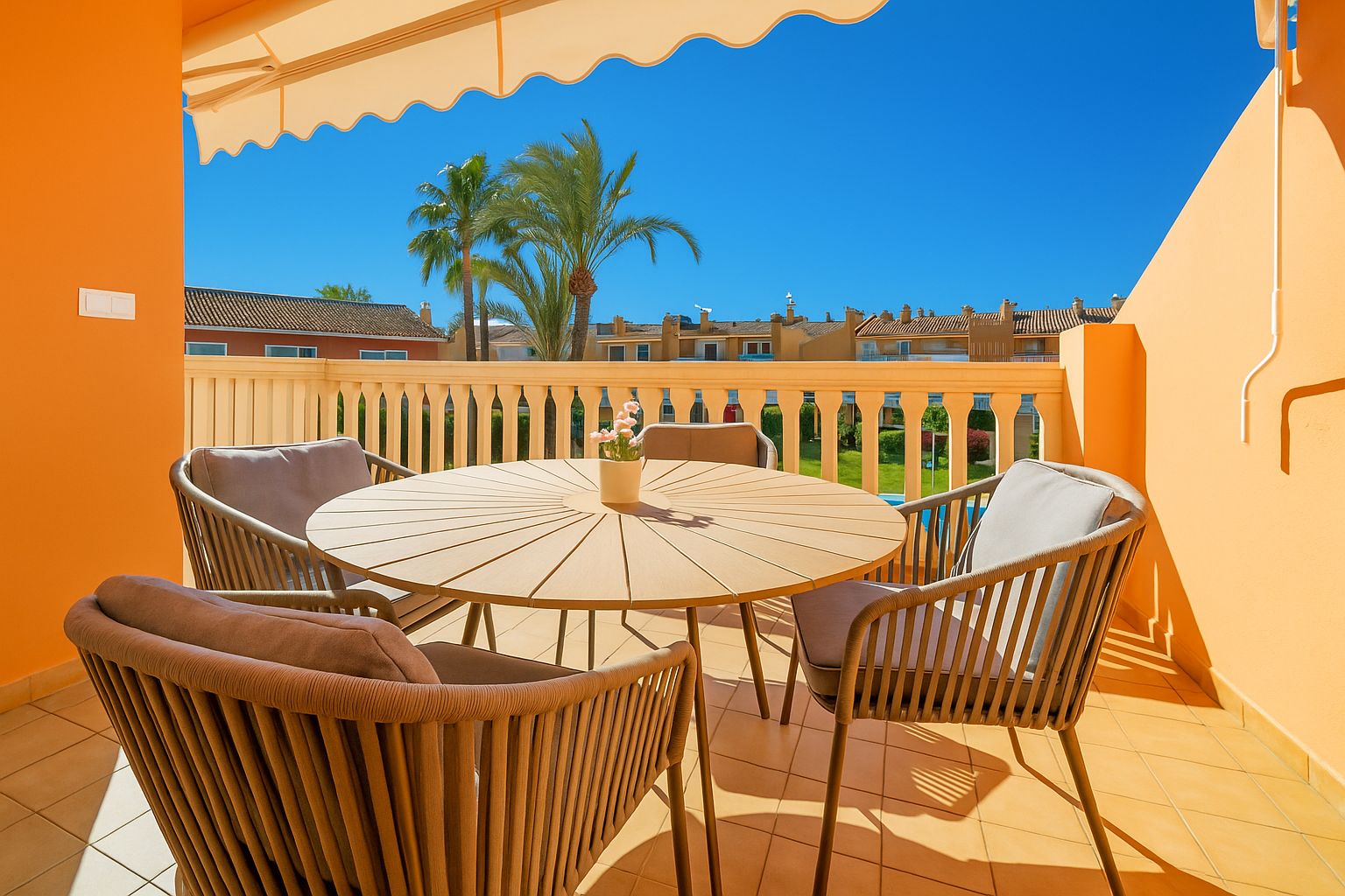 Private Terrasse mit orangefarbenen Wänden, rundem Holztisch und Seilgeflecht-Stühlen. Mit ausziehbarer Markise und Blick auf Palmen und die Nachbarschaft.